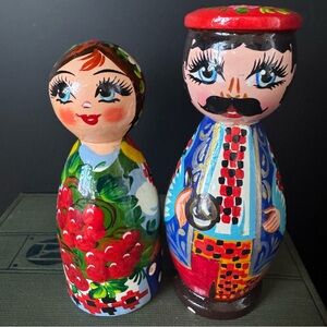 Hand-painted wooden Ukrainian couple figurines in traditional folk style